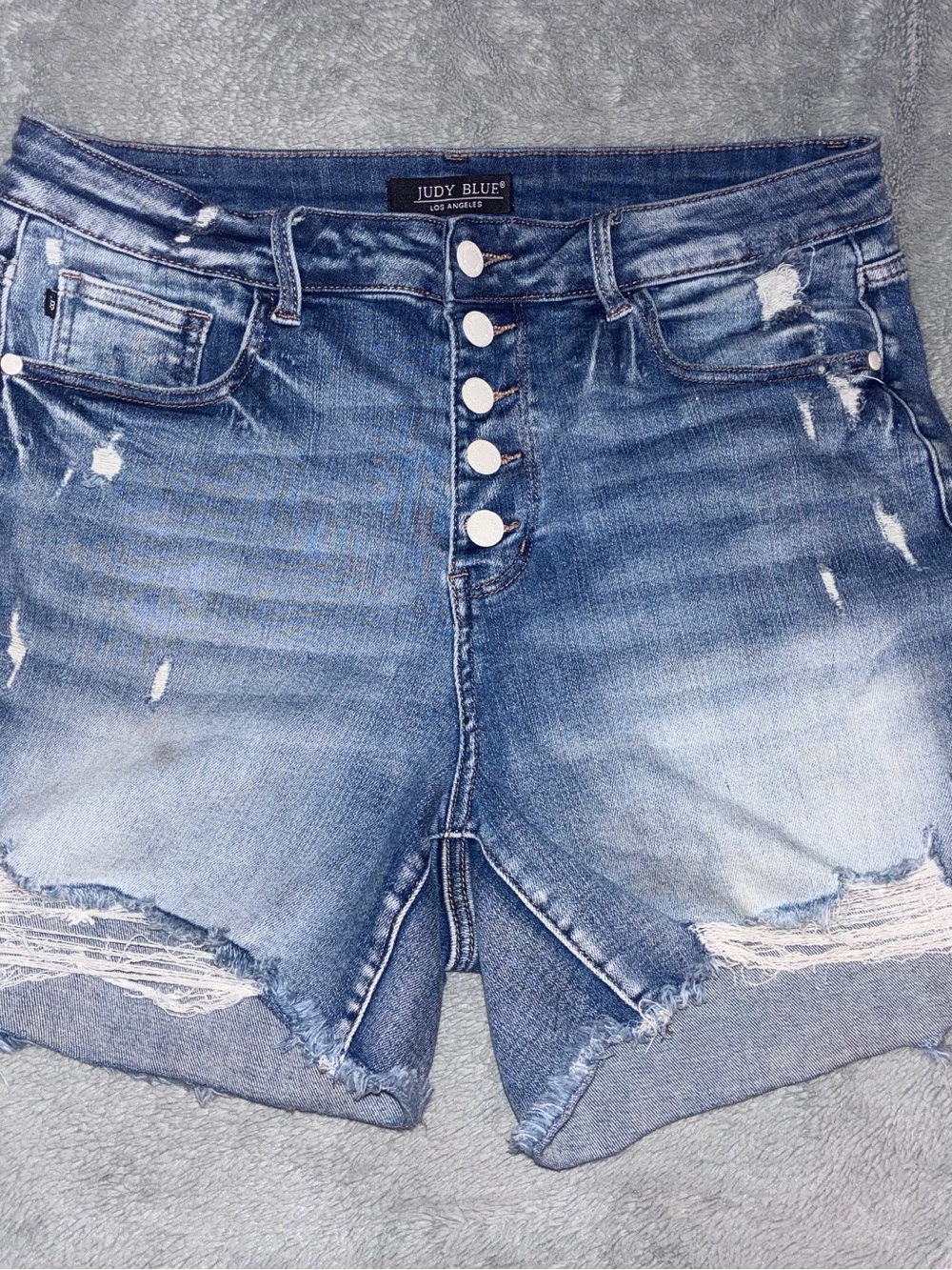 Judy Blue Faded Blue Distressed High-Rise Button-Front Shorts